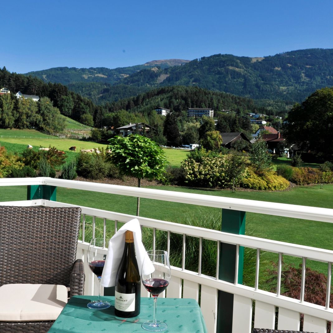 Blick vom Balkon auf Wiesen und Berge