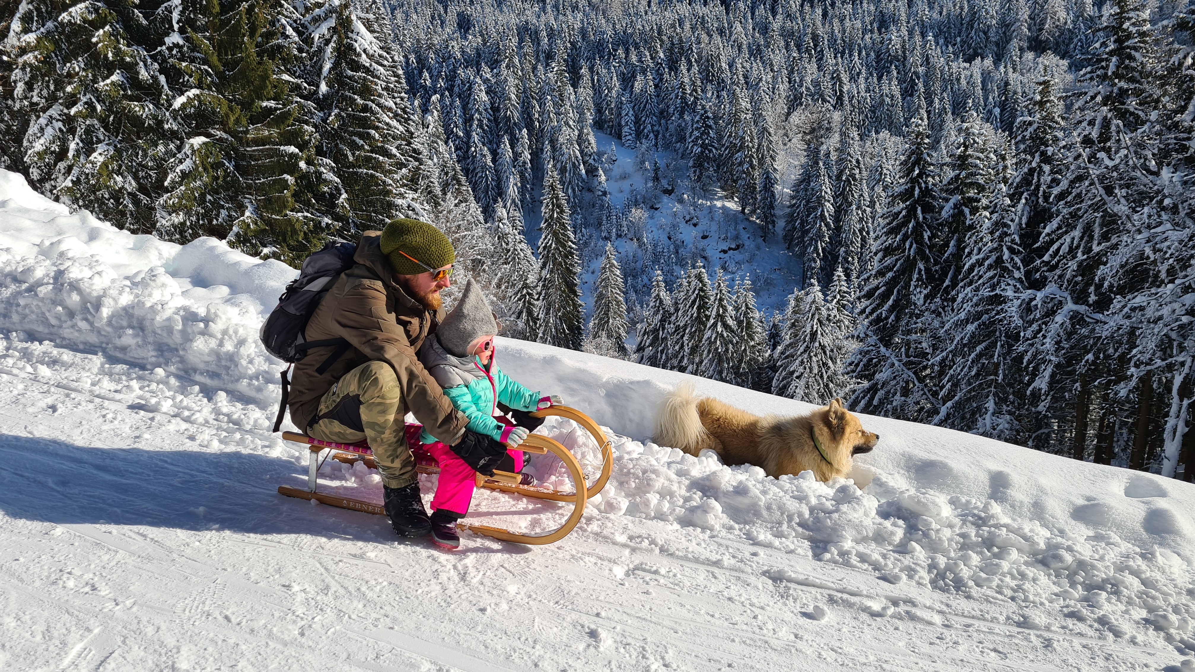 Familie beim Rodeln mit Hund