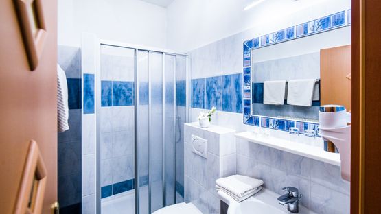 Bad mit Dusche und Waschtisch